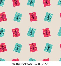 Colorful Gift Boxes Seamless Pattern Vector Illustration. Ideal for festive designs, wrapping papers, and holiday themes.