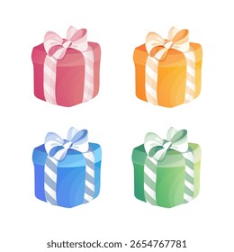 Colorful gift boxes set. Festive red, yellow, blue and green packages with striped ribbons and tied bows. Vector elements in bright gradient style. Perfect for shopping and celebration designs.