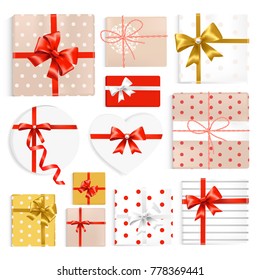 Colorful gift boxes set. Top view. Vector illustration