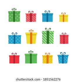 Colorful gift boxes set. Vector illustration of cute present boxes on white background. Flat design style.