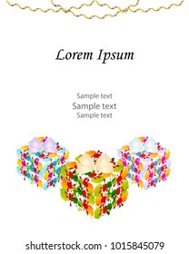 Colorful gift boxes splash of liquid paint with bows.At the top of the confetti.Vector template invitations,greeting birthday,of the bright spots:red,yellow,blue,purple,green,pink.Empty space for text