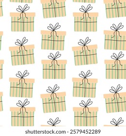 Colorful gift boxes with striped designs arranged in a playful pattern