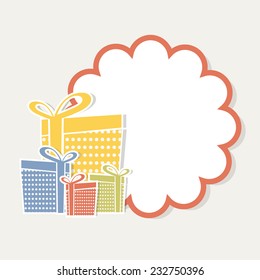 Coloridas cajas de regalo con un elegante marco en blanco para tu mensaje sobre fondo beige para Feliz Navidad y otras celebraciones de ocasión.