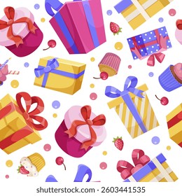 Colorful gift boxes and sweets seamless pattern on white background. Vector illustration