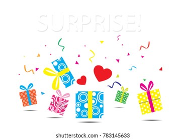 colorful gift boxes and two red heart  surprise on white background