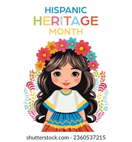 Colorful gift card featuring a cute girl in Hispanic costume celebrating Hispanic Heritage Month.
