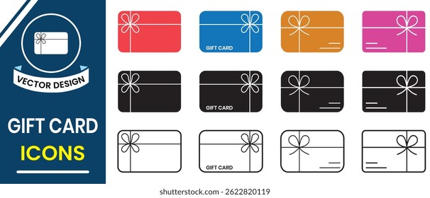 Colorful gift card, Gift card icon set, certificate, discount coupon vector icon. Silhouette of gift card symbol and sign. Vector illustration.