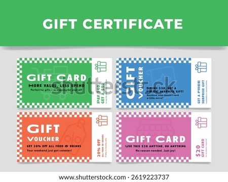 Colorful gift certificate designs featuring various value offers for food and drinks