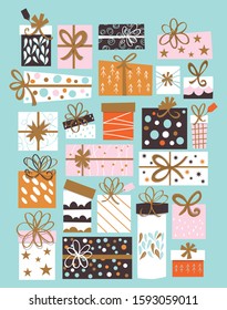 Colorful gift kit for Christmas or birthday. Vector illustration in golden, blue, pink, white, red and dark gray colors.