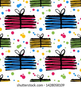 Colorful gift pattern, seamless texture with hand drawn illustration of present boxes. Christmas gifts background. Modern brush calligraphy.