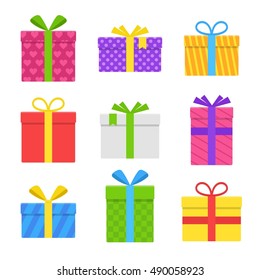 Colorful gift or present box with ribbon and bow vector set isolated on white background. Icons gifts boxes for Christmas or a birthday party in a flat style.