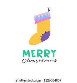 Colorful gift sock. Christmas greeting card with lettering