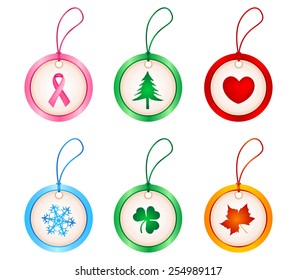 Colorful gift tag collection with seasonal graphics on center