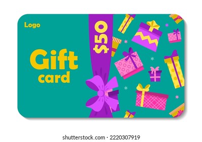 Un bono de regalo colorido con cajas de regalos y un arco. Programa de fidelidad, tarjeta de bonificación de regalo del cliente. Plantilla para cupón de regalo, certificado, invitación, boleto o banners. Ilustración del vector