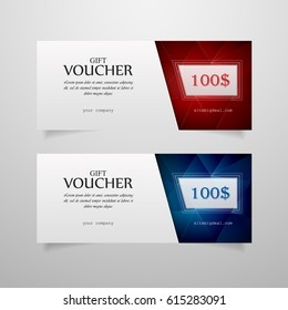 Colorful gift voucher template. Modern gradient design. Vector illustration. Concept for gift coupon, invitation, certificate, flyer, banner. Polygonal style with blue, red colors