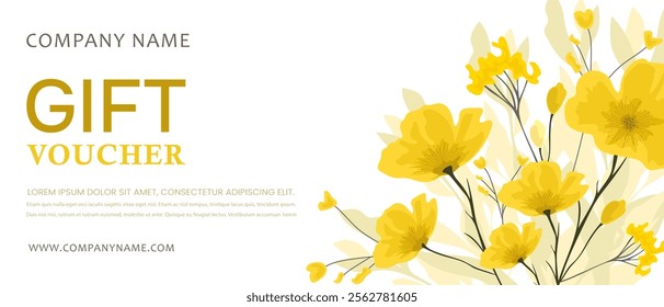 Colorful gift voucher template with yellow flowers. Modern floral style for salon, gallery, spa, shop. Gift certificate.