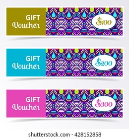 Colorful gift voucher templates with aztec pattern