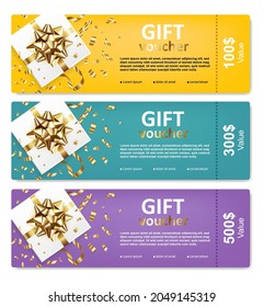 Un regalo colorido Vouchers con cajas blancas, arco dorado y confeti. Cupón de plantilla de diseño, invitación, certificado, volante, boleto. Ilustración vectorial.