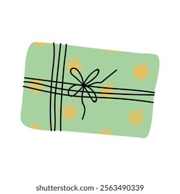 Colorful gift wrapped in green paper with star patterns and black twine