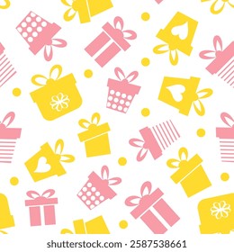 Colorful gift wrapping pattern featuring pink and yellow boxes on a white background for festive occasions.