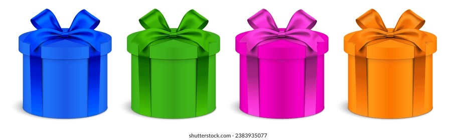 Conjunto de vector giftbox colorido. Cajas de regalo redondeadas con cintas en azul, verde, rosa y naranja, aisladas en segundo plano.