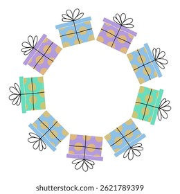Colorful gifts arranged in a circular pattern for a cheerful celebration event