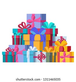 Colorful Gifts with Bows of Ribbons for the Holidays Christmas, New Year, Birthday, Valentine s Day. a Bunch of Gift Boxes. Flat Cartoon Isolated Illustration on a white background