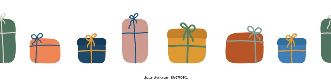 Colorful gifts in boxes decorated with a bow. Seamless brush, horizontal ornament. Isolated on a white. Vector flat cartoon illustration.