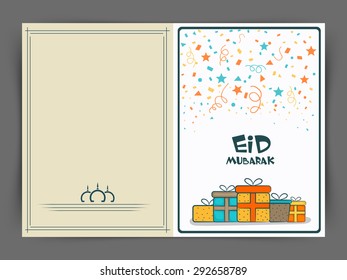 Colorful gifts and confetti decorated greeting card design for muslim community festival, Eid Mubarak celebration.