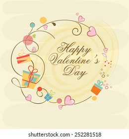 Colorful gifts and pink hearts decorated frame with text Happy Valentine's Day celebration.