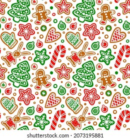 Colorful Ginger Cookies seamless pattern. Gingerbread Man, Christmas Tree, snowflake, star, hare, candy cane, mitten. Winter Holiday Sweets. Hand drawn vector background for wrap, gift paper, textile