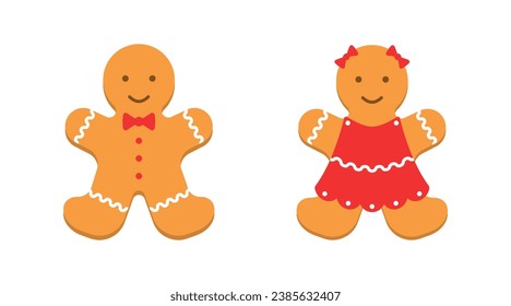 Colorful gingerbread man. Cheerful smiling red female and male character cookies for christmas biscuit and holiday dessert baking vector decoration