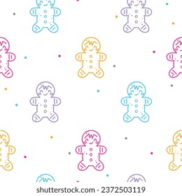 Colorful gingerbread man with polka dots cute seamless pattern. Vector hand drawn Christmas illustration. Winter background for wrapping paper, packaging, gift, fabric, wallpaper, textile, apparel.