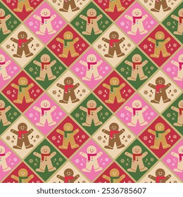 Colorful gingerbread with snowflake element  in diamonds seamless pattern. Cute wrapping paper, paper gift. Christmas design by drawing. Vector.