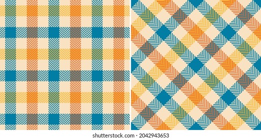 Colorful gingham check plaid pattern for autumn in blue, orange, yellow, beige. Seamless multicolored herringbone textured vichy tartan for dress, shirt, scarf, skirt, other modern fabric design.