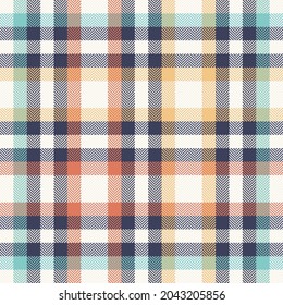 Colorful gingham check plaid pattern in blue, turquoise, orange, yellow, off white. Seamless vichy graphic for dress, shirt, bag, skirt, picnic blanket, tablecloth, other spring summer fashion print.