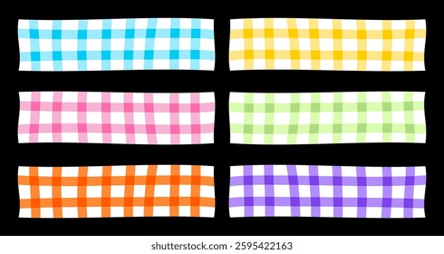 Colorful Gingham Pattern Stripes in Six Different Shades on Black Background, A Vibrant and Cheerful Illustration of Decorative Checkered Stripes for Textiles, Crafts, and Creative Design Projects