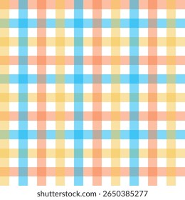 Patrón sin costuras de guinga colorido. Patrón de repetición de cuadros a cuadros multicolor en azul naranja amarillo blanco. Fondo de pantalla de fondo de Ilustración vectorial geométrica. Textura para tela e impresiones.
