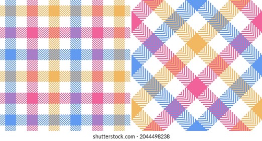 Colorful gingham tartan check pattern in bright pink, blue, yellow, white. Seamless herringbone textured vichy print for dress, skirt, gift paper, other modern spring summer fashion fabric design.