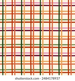 Colorful gingham tartan check plaid seamless pattern. Vector yellow, red, green stripes on beige background. Checkered repeat geometric print for textile design, gift paper, fabric, blanket, pajamas.