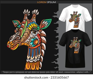 Colorful giraffe head mandala arts isolated on black and white t shirt.