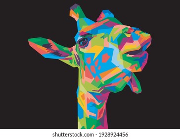 colorful giraffe head on pop art style isolated with black backround