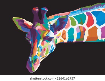 colorful giraffe head on pop art style isolated with black backround