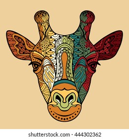 Colorful Giraffe Head. giraffe,  Giraffe head vector,  giraffe isolated,  giraffe print in style zentangle.  The bright example of modern postcards, a sample invitation and other cards. Vector.