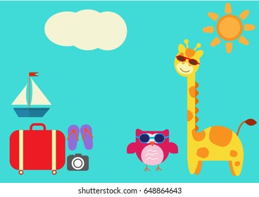 colorful giraffe, owl vector with sunglasses travel in summer set element suitcase sandals camera sailboat background
