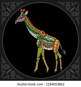 Colorful giraffe zentangle arts isolated on black background