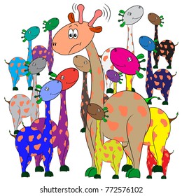 colorful giraffes in a group comic vector illustration