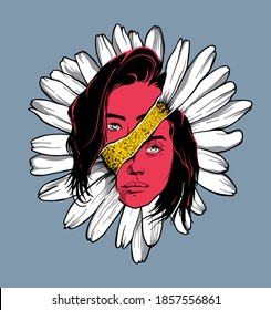 colorful girl face divided on a daisy poster illustration 