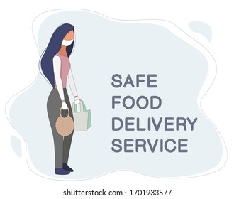 Colorful girl in face mask and gloves holding bags with products as help with product delivery. Vector illustration isolated on white background. Can be used on banner or web or social media.