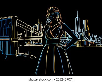 Niña colorida frente al Skyline de Nueva York Dibujando en negro. Esbozo vectorial bien diseñado para uso privado y comercial.